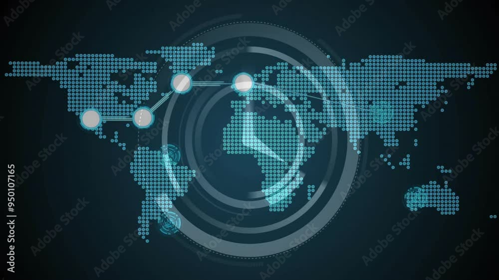 Poster world map with connecting lines and nodes, global network animation