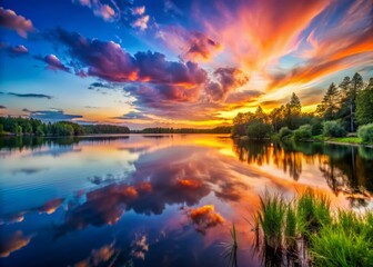 Emphasize the striking contrast between the serene lake waters and the vibrant hues of the sky.