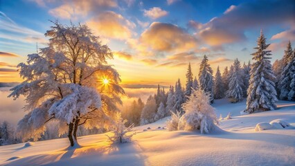 Fototapeta premium A breathtaking winter scene with snow-covered trees and misty morning light