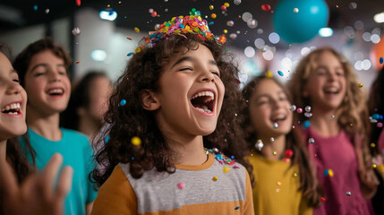 Obraz premium A group of children participating in a piÃ±ata party, with the piÃ±ata bursting open and candy spilling out, surrounded by laughing and cheering friends and family.