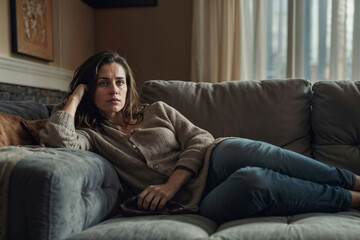 Fototapeta premium Sad Caucasian woman is laying on a couch with her head in her hands, she is very lonely