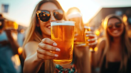Friends Celebrating with Beer at Sunset Festival
