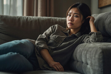 Obraz premium Portrait of lonely sad Asian woman is laying on a couch at home, she is unhappy and stressed