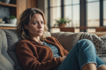 Obraz premium Cry lonely pensive middle age woman at home. Portrait of sad pensive middle age woman at home