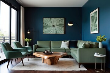 Fototapeta premium Trendy Modern Living Area Atmosphere with Sleek Live Edge Coffee Table and Sage Green Sofa Against Deep Blue Wall