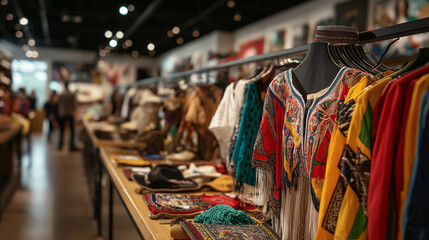 Naklejka premium A cultural exhibition showcasing traditional Hispanic clothing, artwork, and artifacts, with visitors admiring the rich history and diversity of Hispanic cultures.