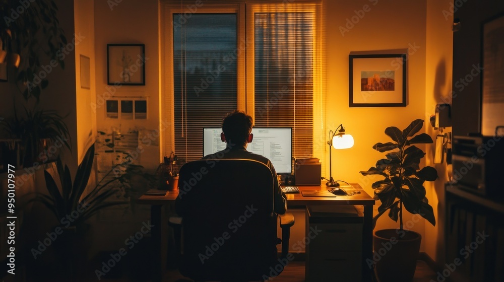Poster A Man Working on a Computer in a dimly Lit Room