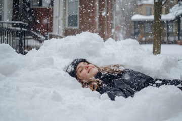 Top view of a joyful child playing in the snow, enjoying the winter weather in colorful winter clothing