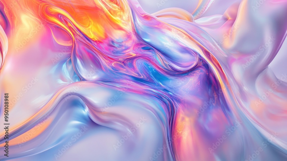 Sticker abstract swirling iridescent liquid with pink and blue hues