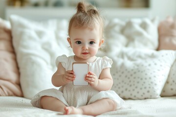 Fototapeta premium Baby using a mobile phone, illustrating the potential negative impact of phone usage on early development, and establishing harmful habits for young children