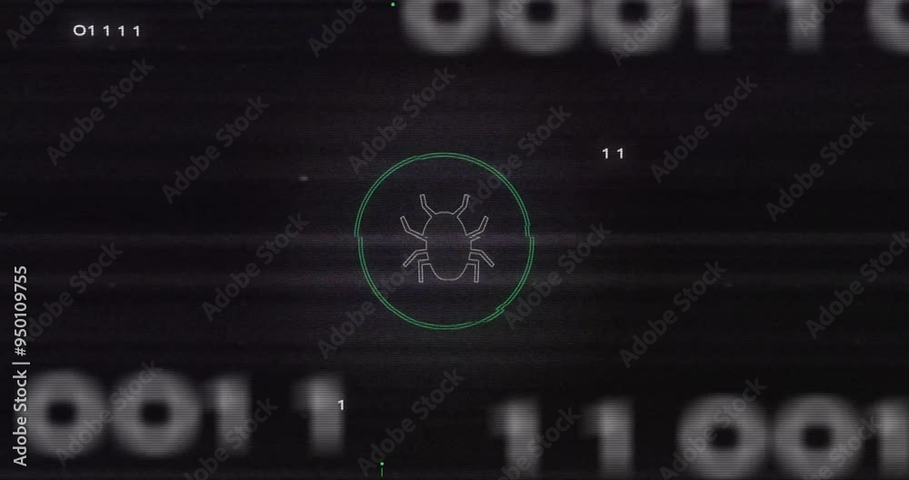 Aufkleber animating bug icon and binary code over dark background