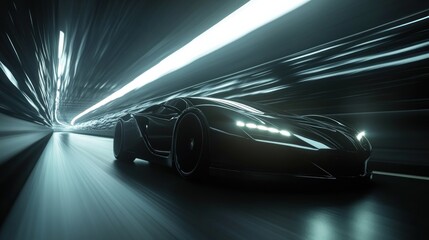 Fototapeta na wymiar Black Sports Car Driving Through a Tunnel with Bright Lights
