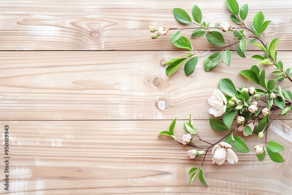 Wall mural a serene arrangement of flowers and leaves on a wooden background, perfect for nature-themed designs