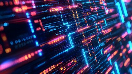 Obraz premium A digital screen filled with smart contract codes and neon lines, illustrating blockchain connectivity.