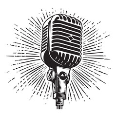 Hand-Drawn Retro Microphone Vector Illustration in Black and White Engraved Woodcut Style