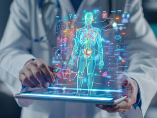 doctor with health AI holograms