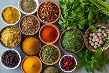 High-altitude View of Diverse Spices and Fresh Herbs for Culinary Wellness