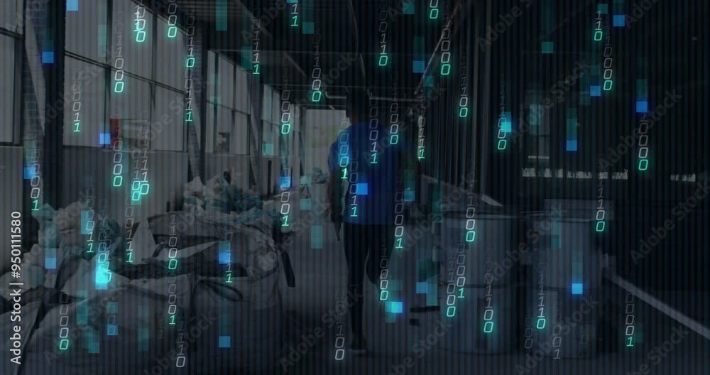 Poster walking through industrial workspace, person with binary code animation overlay
