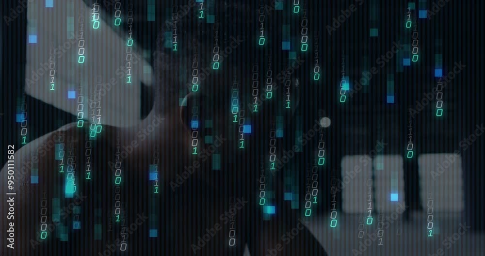 Poster binary code animation over person working on computer in dark room