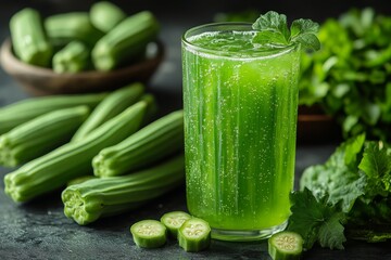 A refreshing glass of okra water placed on a clean. Generative AI
