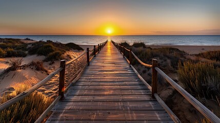 Obraz premium An elegant wooden boardwalk stretches toward a sandy beach, the ocean beyond shimmering under the sunset. Sparse vegetation lines the walk, creating a perfect frame for the scene.