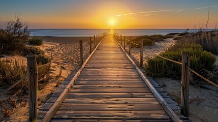 Fototapeta premium An elegant wooden boardwalk stretches toward a sandy beach, the ocean beyond shimmering under the sunset. Sparse vegetation lines the walk, creating a perfect frame for the scene.