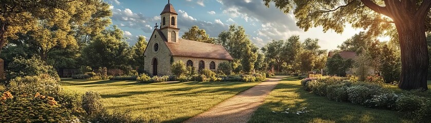 Historic village church surrounded by well-kept gardens and ancient trees, village church, heritage and tradition