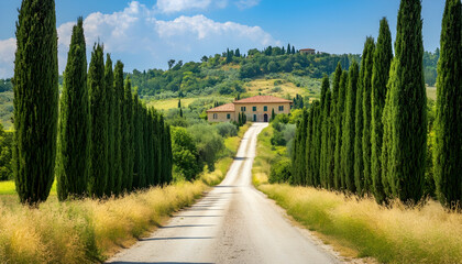 A picturesque countryside road bordered by towering green trees, leading to a distant farmhouse beneath a bright, cloudless sky ,