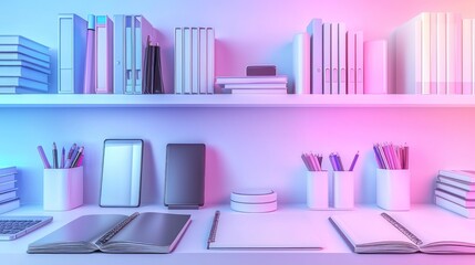 Modern 3D School Supplies on Floating Shelves with Gradient Backdrop,Generative Ai