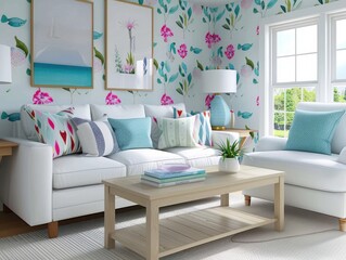 Bright Living Room with Floral Wallpaper