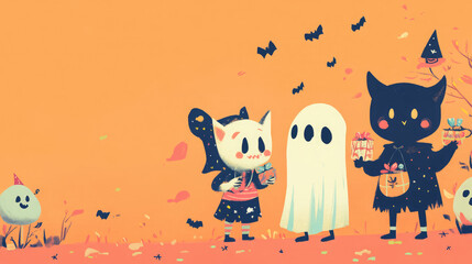 Playful illustrator-style trick-or-treaters in ghost and animal outfits, holding candy, on a soft pastel orange backdrop.