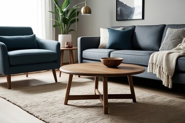 Scandinavian Living Room Decor with Round Wooden Coffee Table Next to Modern Sofa