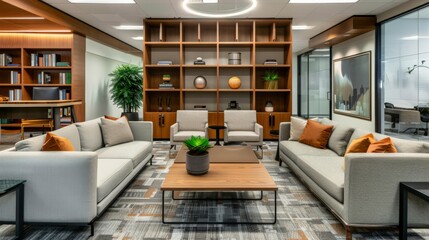 Office lounge area with couches, coffee tables, and a bookshelf