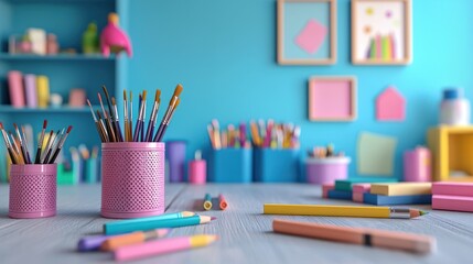 Vibrant Creative Tools on Wooden Table - High-Quality 3D Render for Artistic Education in 8K Resolution with Pastel Background,Generative Ai