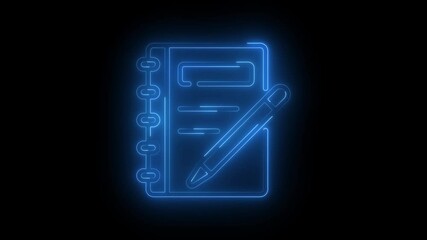Abstract neon line Blank notebook and pencil icon isolated on black background.