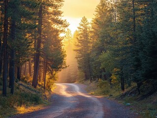 Sunlight filtering through pine trees onto a quiet forest road, tranquil and scenic.