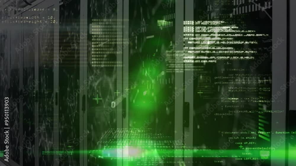 Poster green digital code processing over dark background with vertical lines animation