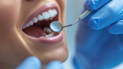 Obraz premium A dentist is cleaning a woman's teeth with a mirror and a dental tool