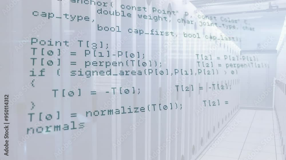 Poster computer code animation over data servers in modern data center
