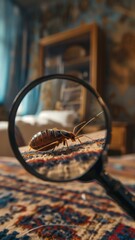 Bed bugs under a magnifying glass, with a bed and bedroom in the background. Concept of pest control, identifying and combating insect infestations in the home.