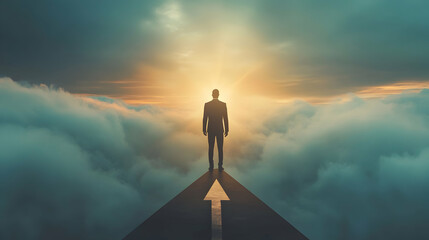 A successful businessman standing triumphantly on an upward-pointing arrow, symbolizing growth and achievement,