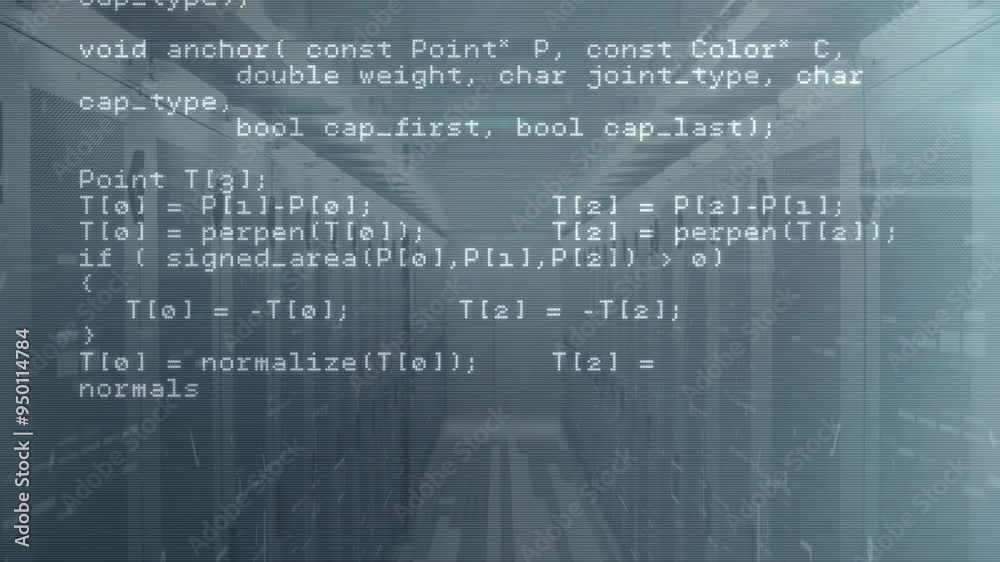 Poster animating computer code over server racks in data center