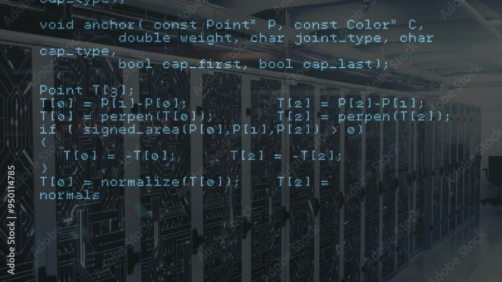 Poster animating programming code over servers in data center