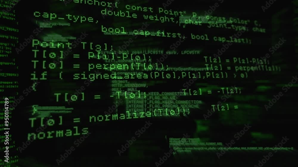 Poster green code lines and mathematical formulas animation over dark background