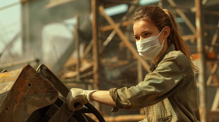 A female construction worker in a high-grade dust mask, operating heavy machinery at a building site with steel structures in the background.