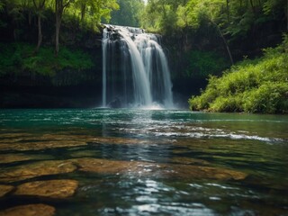 Obraz premium a waterfall cascading into a beautiful lake amidst lush green nature.