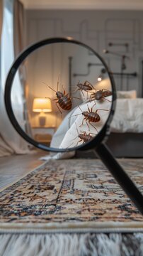 Bed bugs under a magnifying glass, with a bed and bedroom in the background. Concept of pest control, identifying and combating insect infestations in the home.