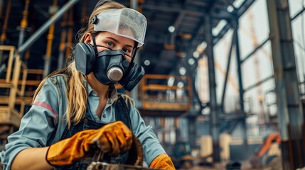 Naklejka premium A female construction worker in a high-grade dust mask, operating heavy machinery at a building site with steel structures in the background.