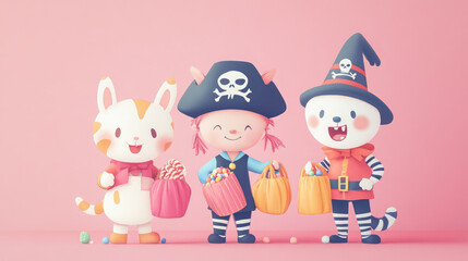 Naklejka premium Cute illustrator-style trick-or-treaters in animal and pirate costumes, holding candy bags, on a soft pastel pink backdrop.