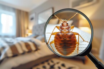Bed bugs under a magnifying glass, with a bed and bedroom in the background. Concept of pest control, identifying and combating insect infestations in the home.